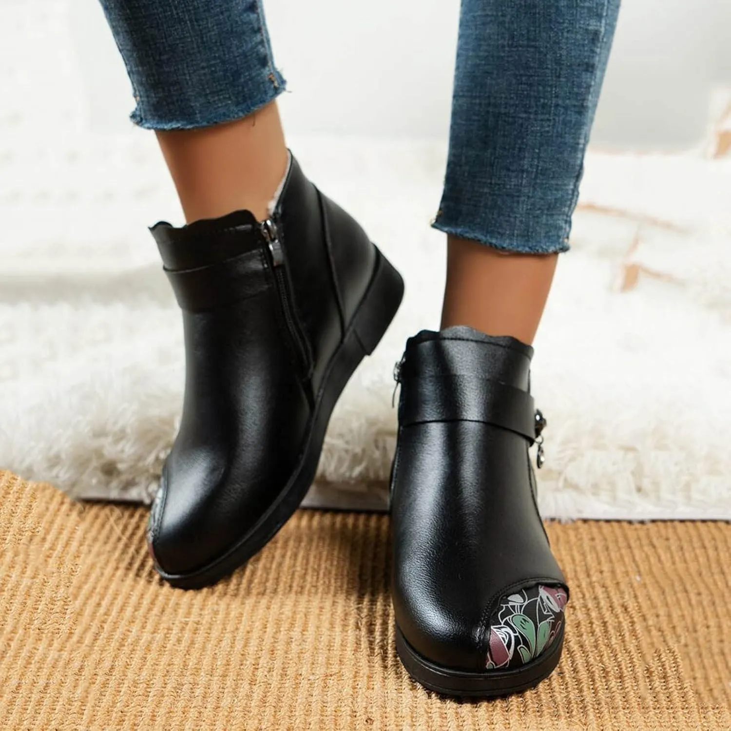 Womens Booties Ankle Round Toe Booties for Women Short Black Boots Ankle Bootie for Women Low Heel Keep Warm Flat Bottom Closed Pointed Toe Low Block Heel Zip Up