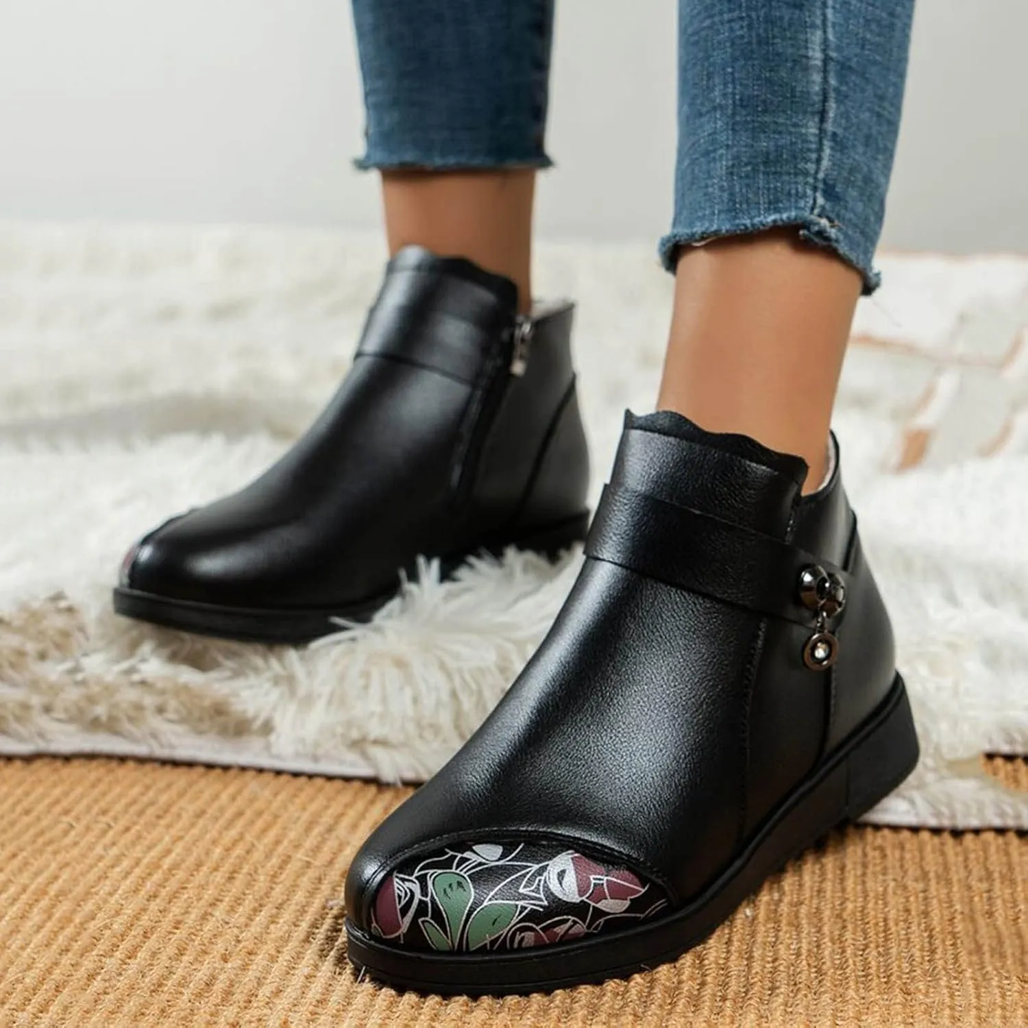 Womens Booties Ankle Round Toe Booties for Women Short Black Boots Ankle Bootie for Women Low Heel Keep Warm Flat Bottom Closed Pointed Toe Low Block Heel Zip Up