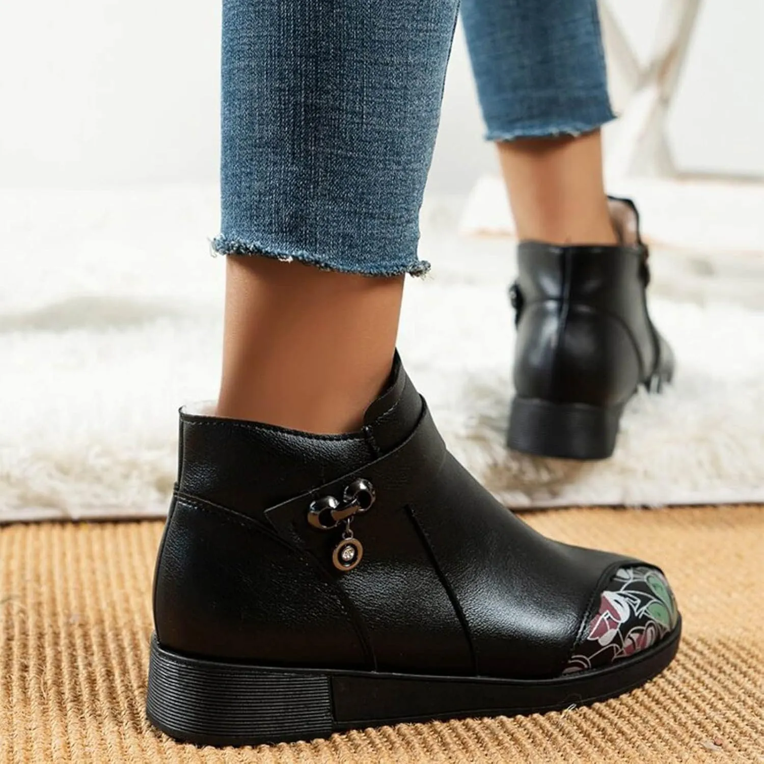 Womens Booties Ankle Round Toe Booties for Women Short Black Boots Ankle Bootie for Women Low Heel Keep Warm Flat Bottom Closed Pointed Toe Low Block Heel Zip Up