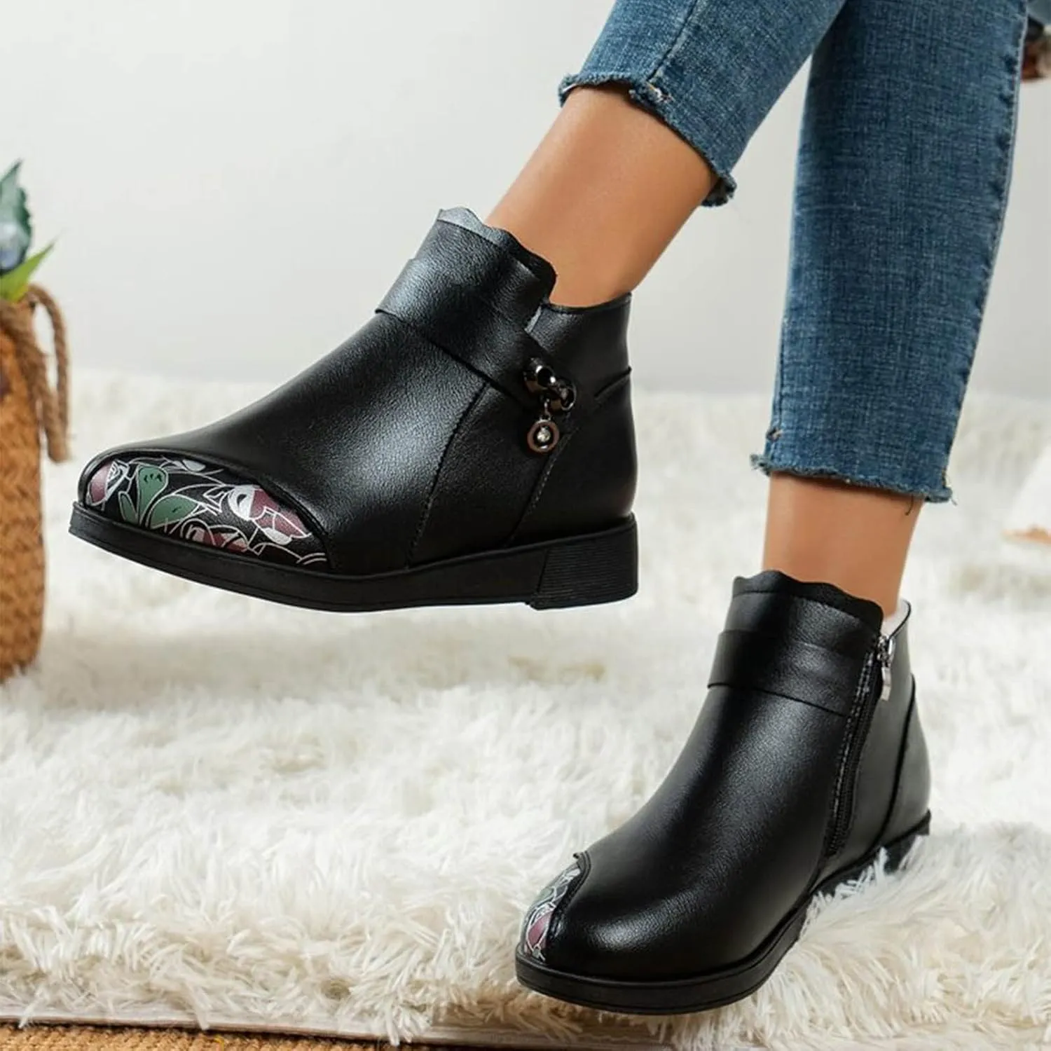 Womens Booties Ankle Round Toe Booties for Women Short Black Boots Ankle Bootie for Women Low Heel Keep Warm Flat Bottom Closed Pointed Toe Low Block Heel Zip Up