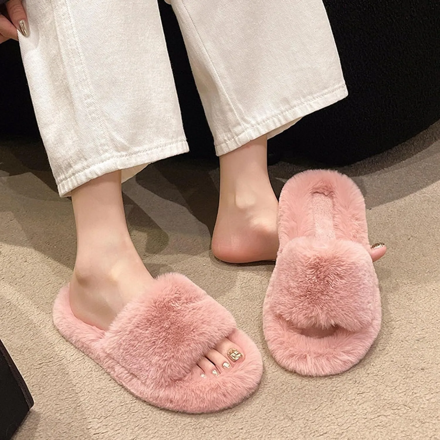 Women's Fluffy Solid Comfy Sandal Open Toe Walking Slip on Slipper Fleeve Soft Flat Slides Lounge Casual Flats