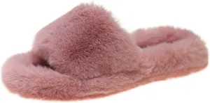Women's Fluffy Solid Comfy Sandal Open Toe Walking Slip on Slipper Fleeve Soft Flat Slides Lounge Casual Flats