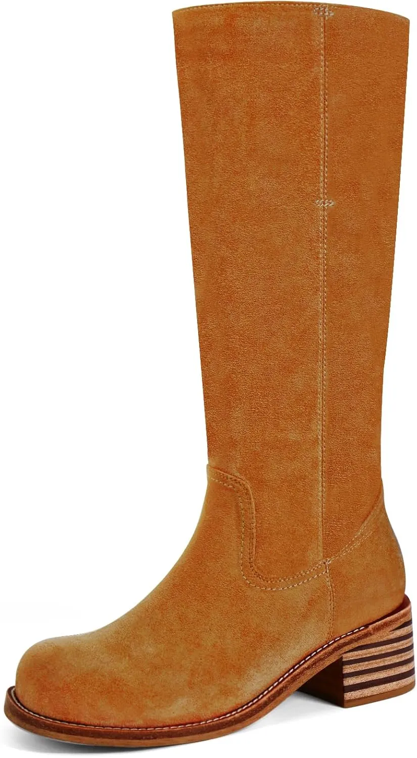 Women's Knee High Boots Square Toe Chunky Block Heel Long Boots for Women Comfortable Low Heel Womens Boots