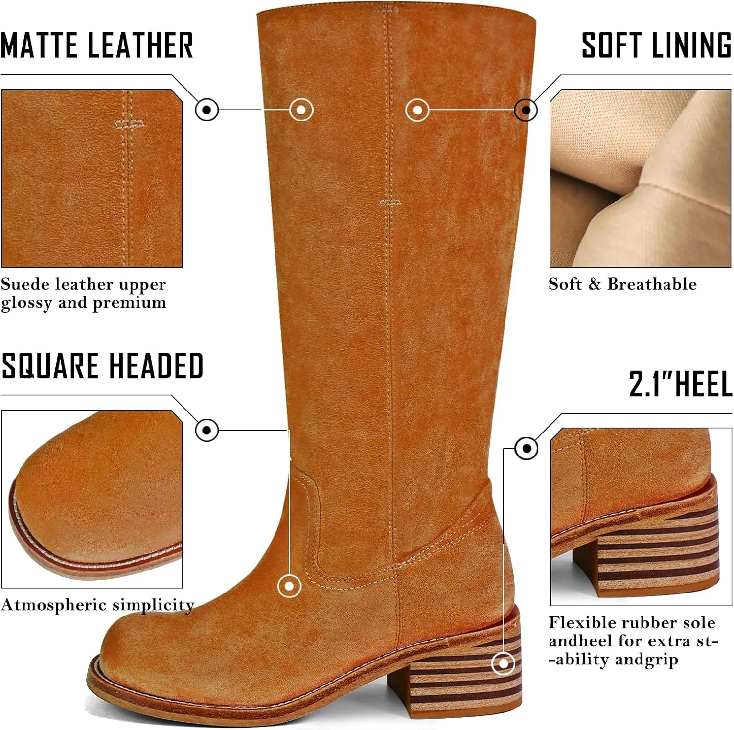 Women's Knee High Boots Square Toe Chunky Block Heel Long Boots for Women Comfortable Low Heel Womens Boots