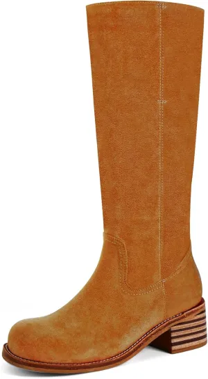Women's Knee High Boots Square Toe Chunky Block Heel Long Boots for Women Comfortable Low Heel Womens Boots