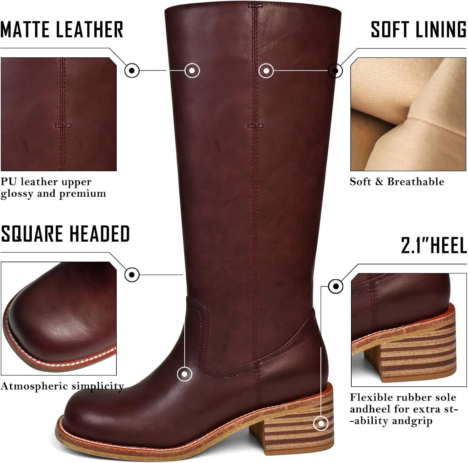 Women's Knee High Boots Square Toe Chunky Block Heel Long Boots for Women Comfortable Low Heel Womens Boots