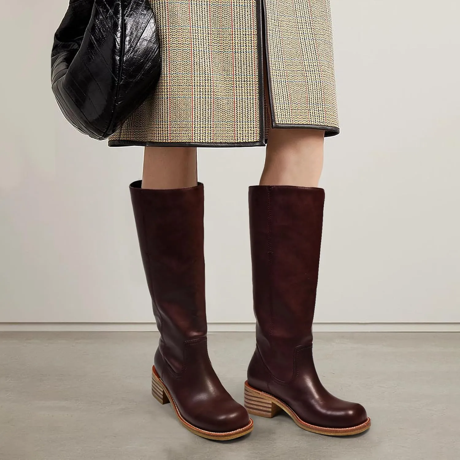 Women's Knee High Boots Square Toe Chunky Block Heel Long Boots for Women Comfortable Low Heel Womens Boots