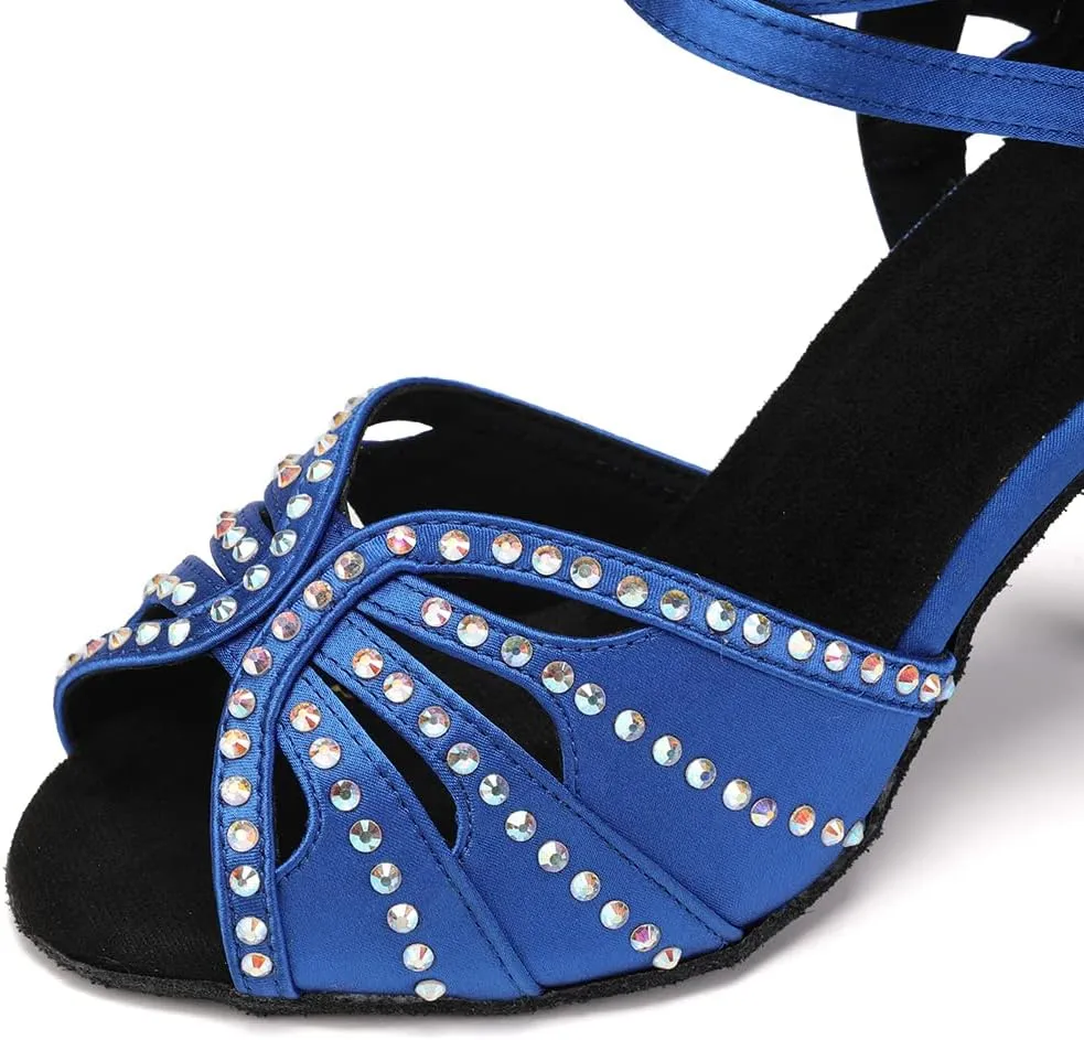 Womens Satin Latin Dance Shoes Rhinestone Open Toe Ballroom Salsa Chacha Performance Dance Shoes,Model L162