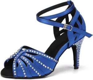Womens Satin Latin Dance Shoes Rhinestone Open Toe Ballroom Salsa Chacha Performance Dance Shoes,Model L162