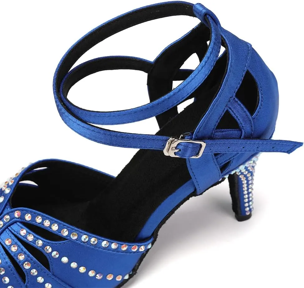 Womens Satin Latin Dance Shoes Rhinestone Open Toe Ballroom Salsa Chacha Performance Dance Shoes,Model L162