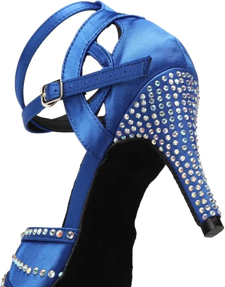Womens Satin Latin Dance Shoes Rhinestone Open Toe Ballroom Salsa Chacha Performance Dance Shoes,Model L162