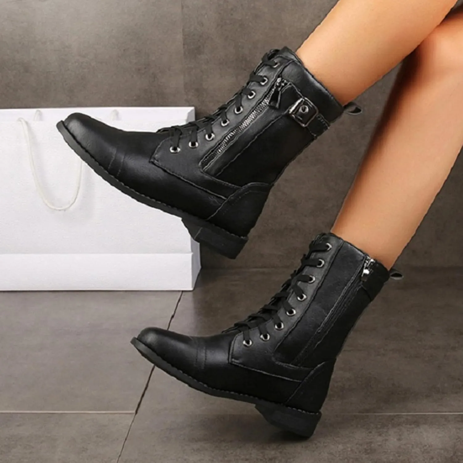 Work Boots for Women Ankle Women's Booties Wide Width Short Boots for Women Brown Boot Laces Soft Sole Fashion Chunky Block Heel Side Zipper Pointd Toe