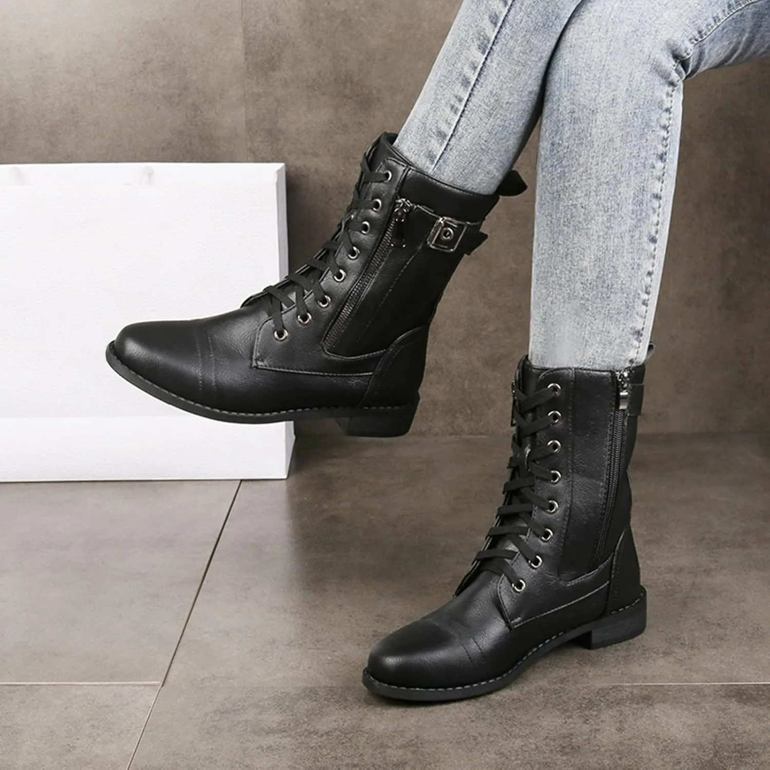 Work Boots for Women Ankle Women's Booties Wide Width Short Boots for Women Brown Boot Laces Soft Sole Fashion Chunky Block Heel Side Zipper Pointd Toe