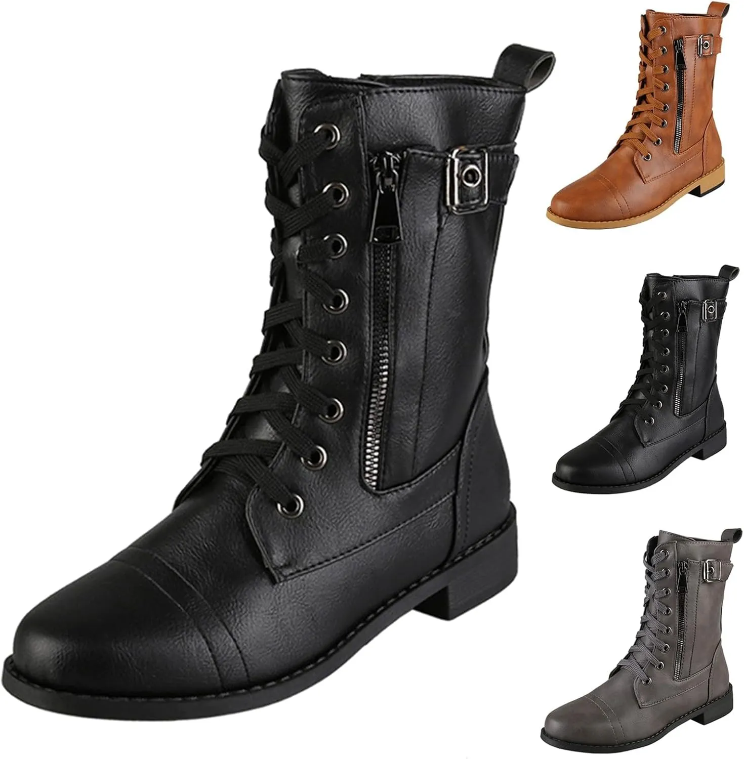 Work Boots for Women Ankle Women's Booties Wide Width Short Boots for Women Brown Boot Laces Soft Sole Fashion Chunky Block Heel Side Zipper Pointd Toe