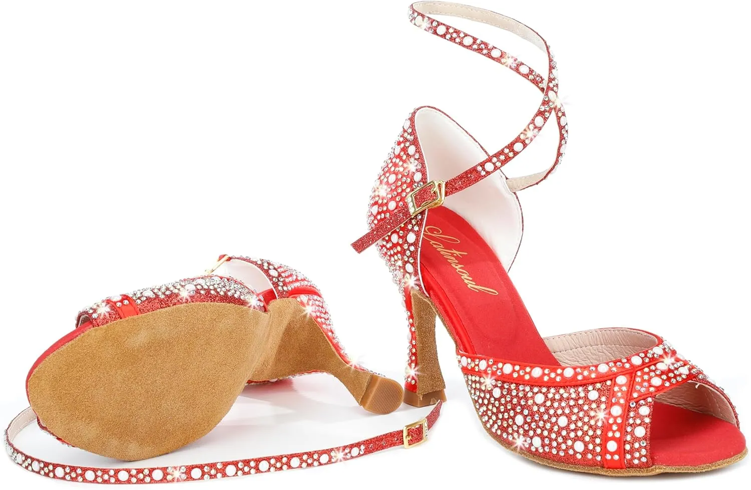 Y205-30 Women's Open-Toe Latin Dance Shoes with Crystal Decoration High Heel Comfortable Ballroom Shoes for Dance Performance and Practice Elegant Dancing Shoes
