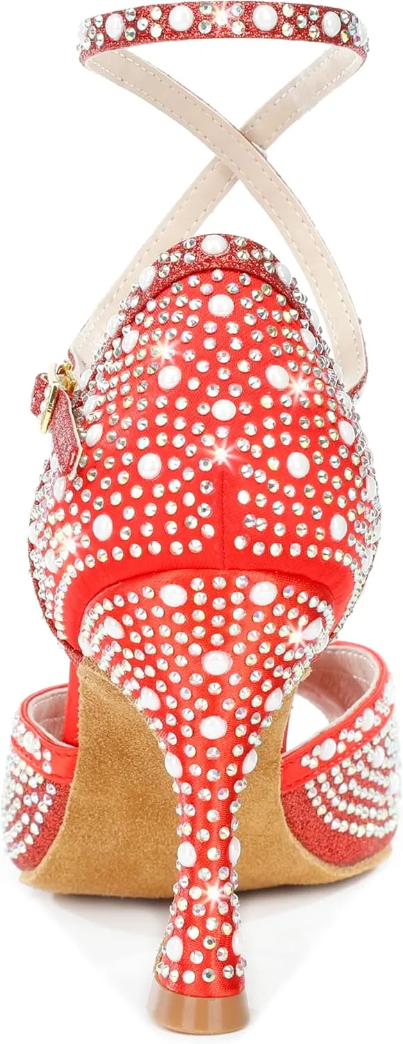 Y205-30 Women's Open-Toe Latin Dance Shoes with Crystal Decoration High Heel Comfortable Ballroom Shoes for Dance Performance and Practice Elegant Dancing Shoes