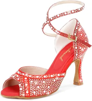 Y205-30 Women's Open-Toe Latin Dance Shoes with Crystal Decoration High Heel Comfortable Ballroom Shoes for Dance Performance and Practice Elegant Dancing Shoes