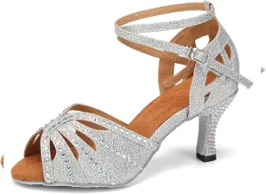 YKXLM Latin Ballroom Dance Shoes Women Rhinestone Salsa Dance Shoes 3 Inch Heel Suede Sole
