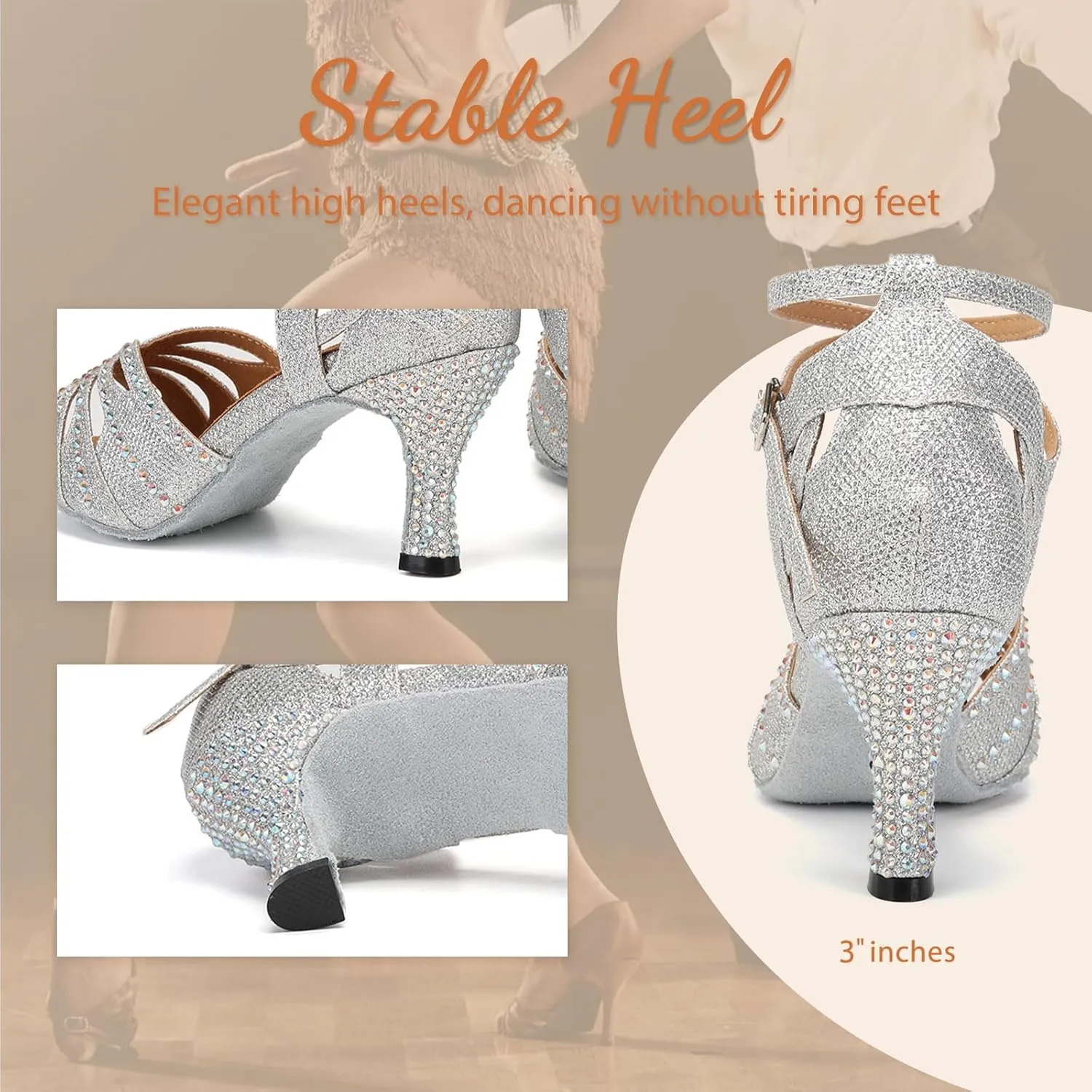 YKXLM Latin Ballroom Dance Shoes Women Rhinestone Salsa Dance Shoes 3 Inch Heel Suede Sole