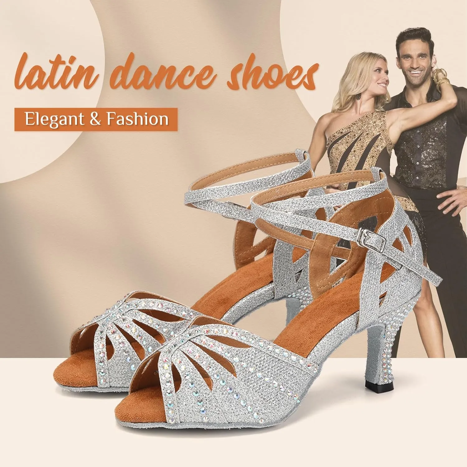 YKXLM Latin Ballroom Dance Shoes Women Rhinestone Salsa Dance Shoes 3 Inch Heel Suede Sole