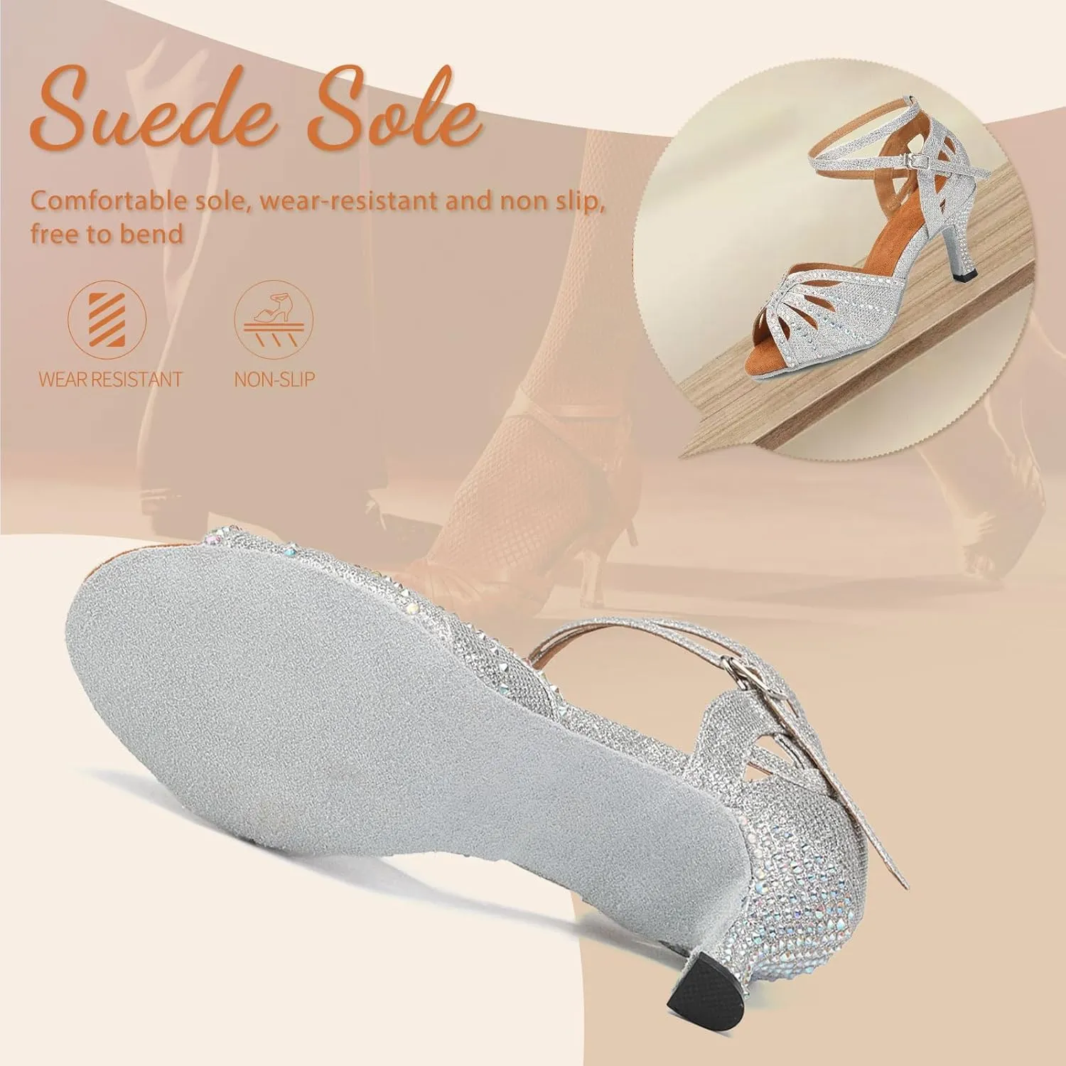 YKXLM Latin Ballroom Dance Shoes Women Rhinestone Salsa Dance Shoes 3 Inch Heel Suede Sole