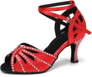 YKXLM Latin Ballroom Dance Shoes Women Rhinestone Salsa Dance Shoes 3 Inch Heel Suede Sole