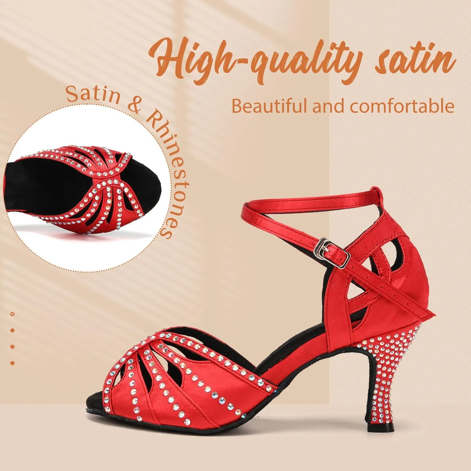 YKXLM Latin Ballroom Dance Shoes Women Rhinestone Salsa Dance Shoes 3 Inch Heel Suede Sole