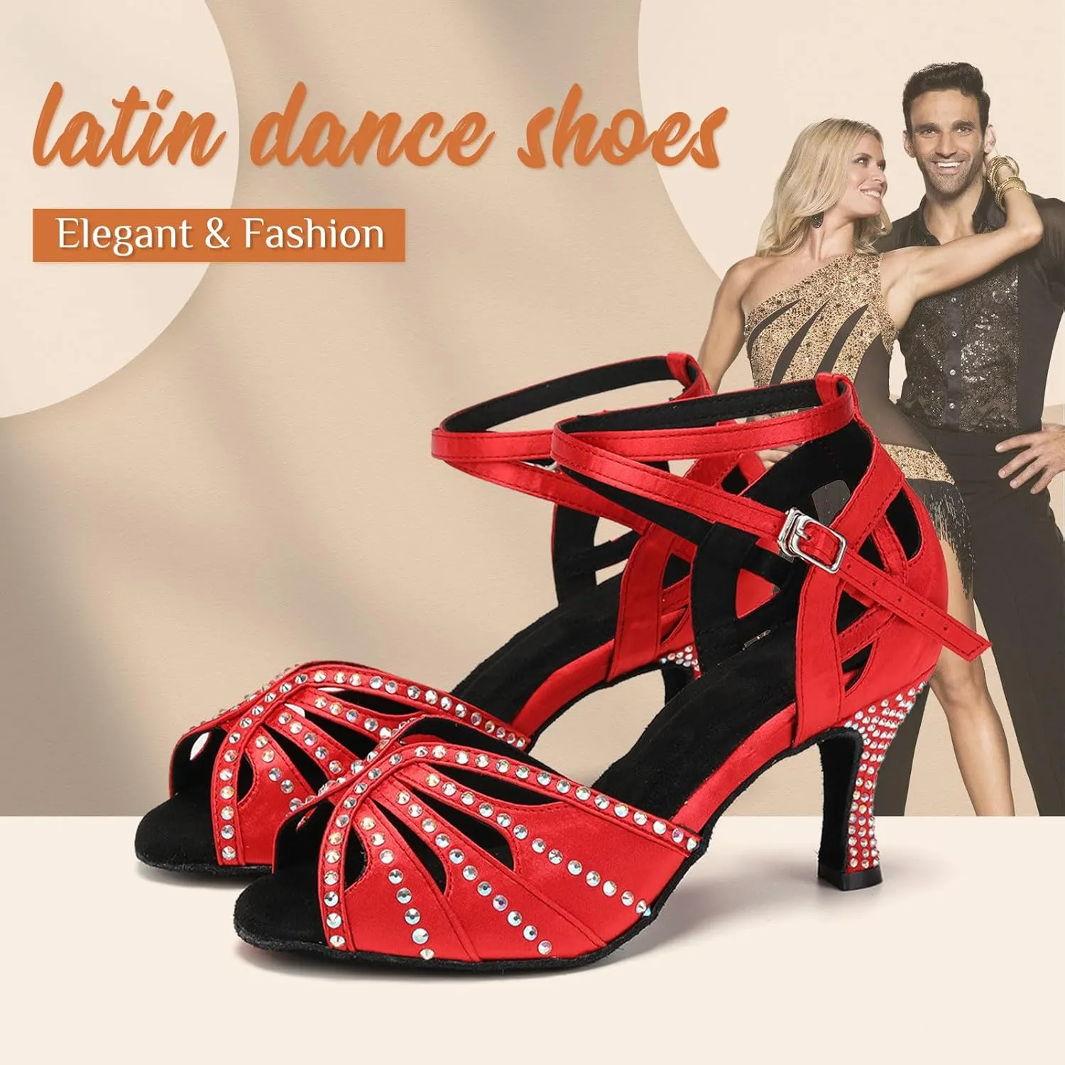 YKXLM Latin Ballroom Dance Shoes Women Rhinestone Salsa Dance Shoes 3 Inch Heel Suede Sole