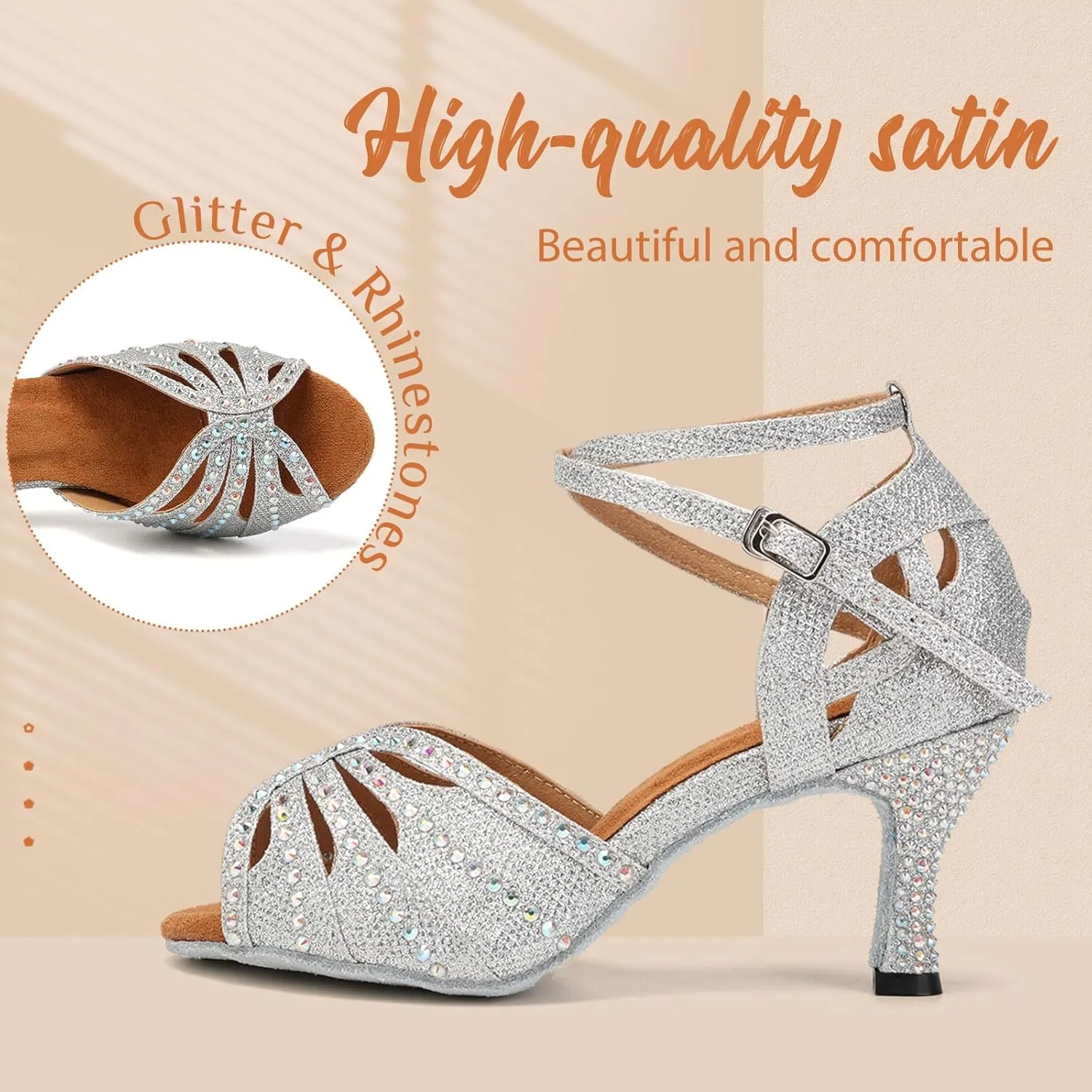 YKXLM Latin Ballroom Dance Shoes Women Rhinestone Salsa Dance Shoes 3 Inch Heel Suede Sole