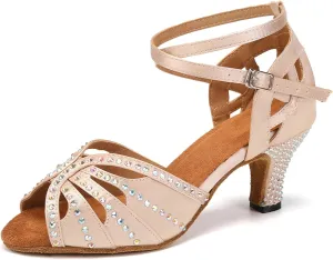 YKXLM Women Rhinestone Ballroom Dance Shoes Latin Performance Dance Shoes Women Suede Sole,2 1/3 inch Heel,Beige,6US