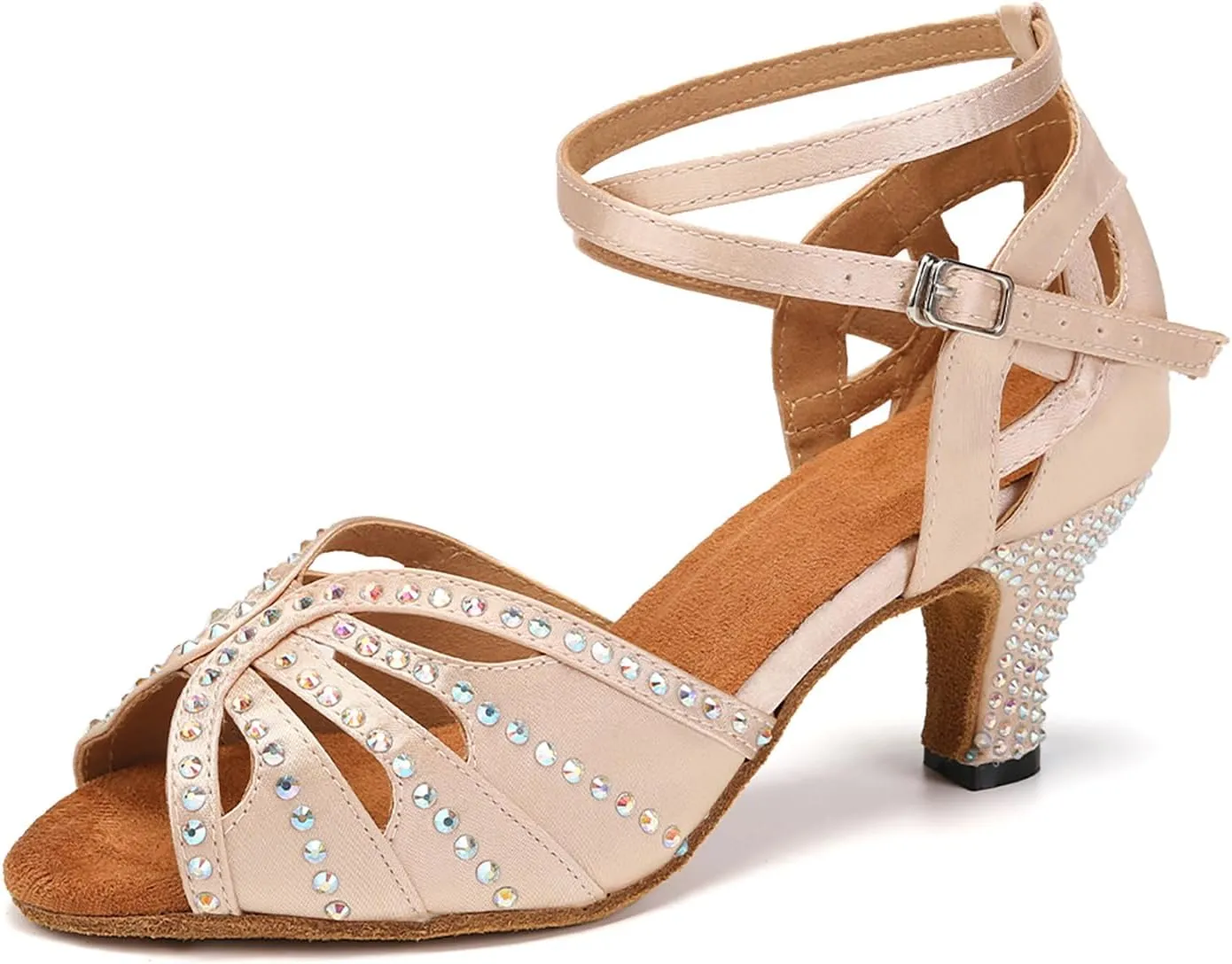 YKXLM Women Rhinestone Ballroom Dance Shoes Latin Performance Dance Shoes Women Suede Sole,2 1/3 inch Heel,Beige,6US
