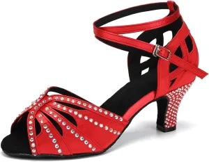YKXLM Women Rhinestone Ballroom Dance Shoes Latin Performance Dance Shoes Women Suede Sole,2 1/3 inch Heel,Red,9US