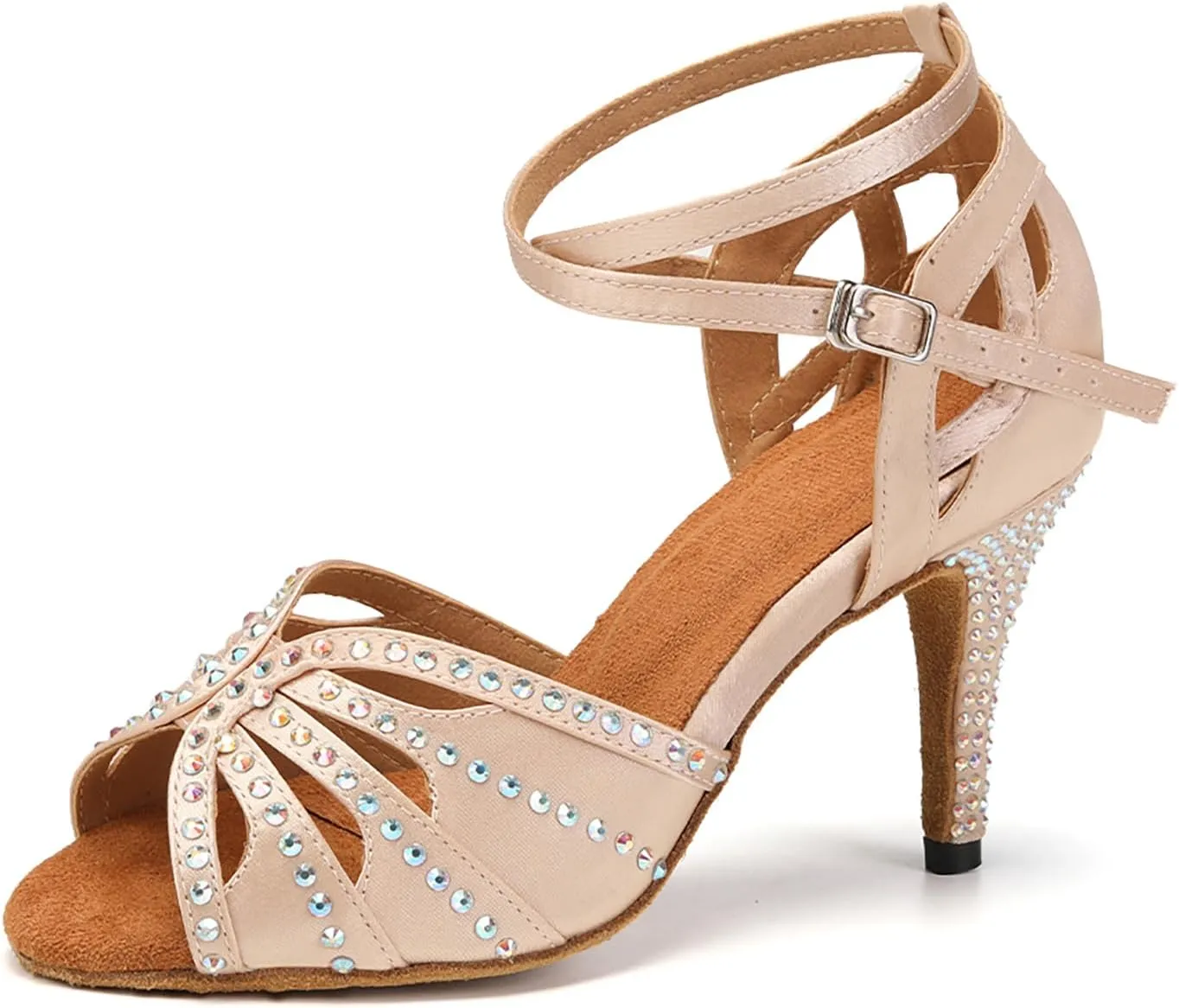 YKXLM Women Rhinestone Ballroom Dance Shoes Latin Performance Dance Shoes Women Suede Sole,L162,3 1/3 inches Heel,Beige,8 US