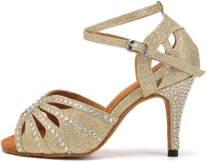 YKXLM Women Rhinestone Ballroom Dance Shoes Latin Performance Dance Shoes Women Suede Sole,L162,3 1/3 inches Heel,Gold,5 US