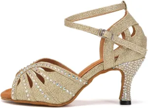 YKXLM Women Rhinestone Ballroom Dance Shoes Latin Performance Dance Shoes Women Suede Sole,L162,3 1/3 inches Heel,Gold,8 US