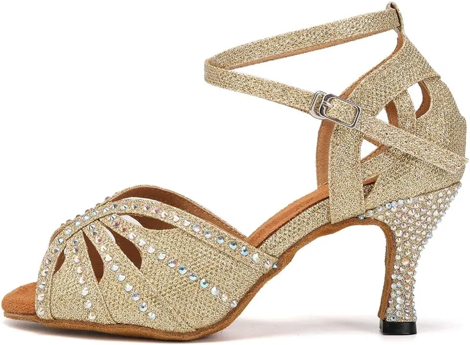 YKXLM Women Rhinestone Ballroom Dance Shoes Latin Performance Dance Shoes Women Suede Sole,L162,3 1/3 inches Heel,Gold,8 US