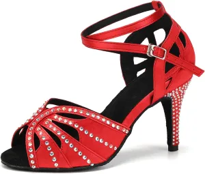 YKXLM Women Rhinestone Ballroom Dance Shoes Latin Performance Dance Shoes Women Suede Sole,L162,3 1/3 inches Heel,Red,6.5 US