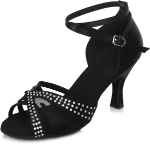 YKXLM Women Rhinestone Ballroom Dance Shoes Latin Performance Dance Shoes Women Suede Sole,L165,2 1/3 inches Heel,Black,9US