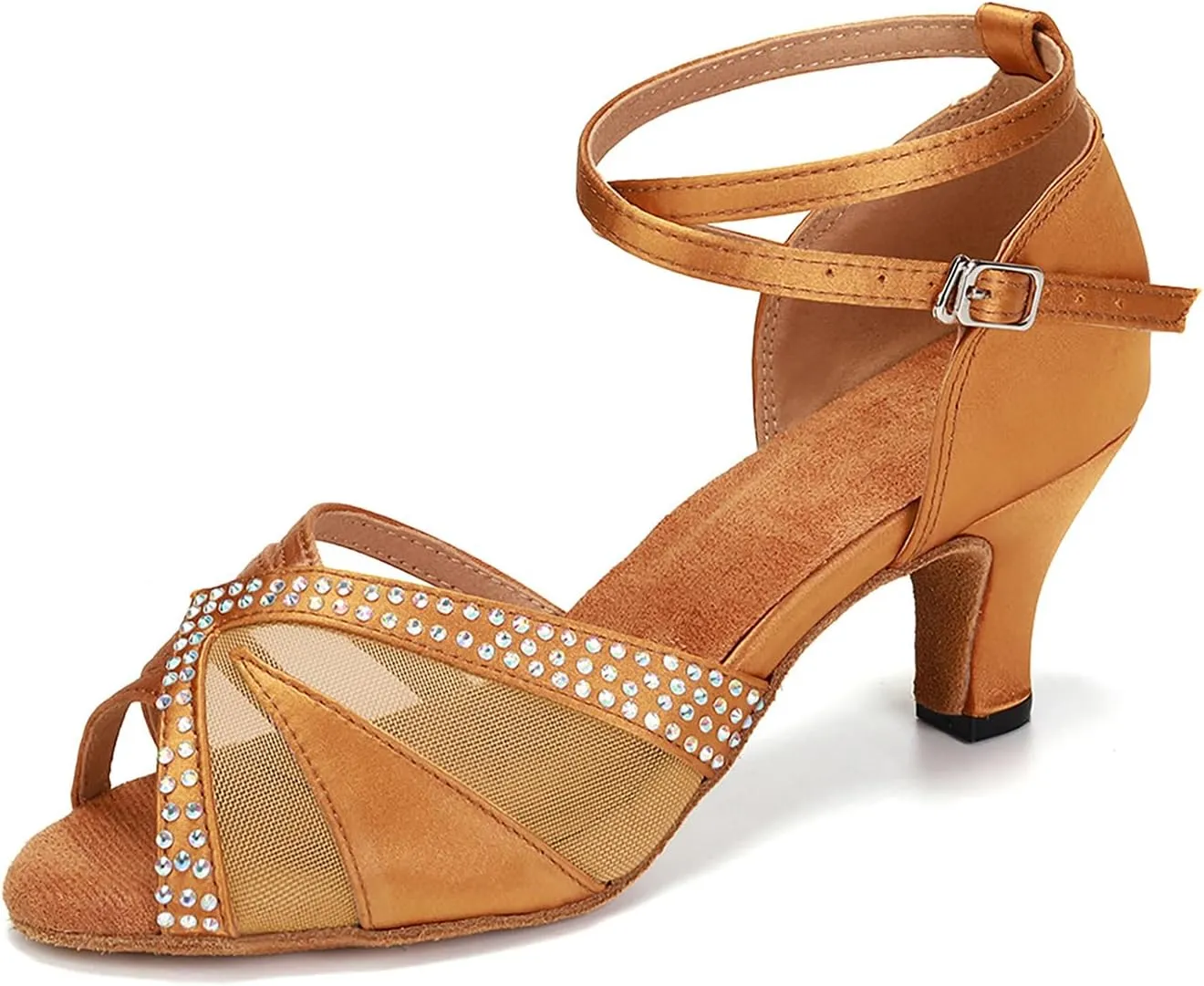 YKXLM Women Rhinestone Ballroom Dance Shoes Latin Performance Dance Shoes Women Suede Sole,L165,2 1/3 inches Heel,Brown,6.5US