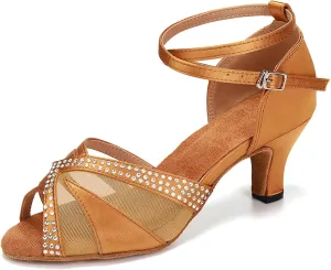 YKXLM Women Rhinestone Ballroom Dance Shoes Latin Performance Dance Shoes Women Suede Sole,L165,2 1/3 inches Heel,Brown,6.5US