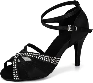 YKXLM Women Rhinestone Ballroom Dance Shoes Latin Performance Dance Shoes Women Suede Sole,L165,3 1/3 inches Heel,Black,7US