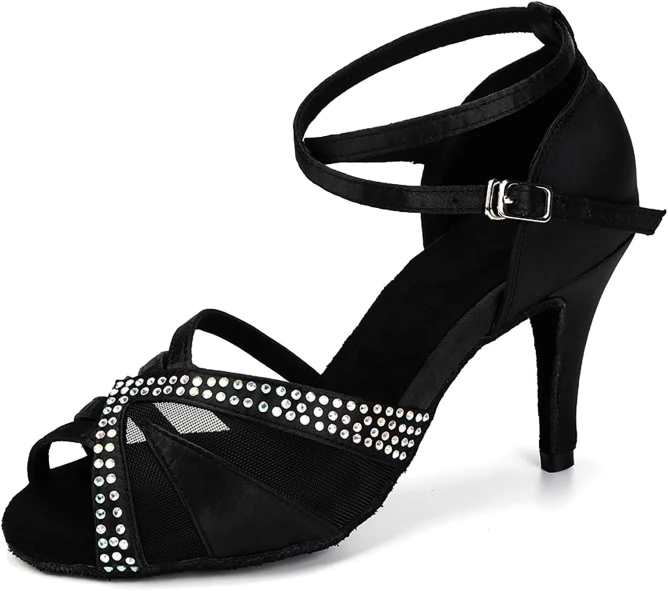 YKXLM Women Rhinestone Ballroom Dance Shoes Latin Performance Dance Shoes Women Suede Sole,L165,3 1/3 inches Heel,Black,7US