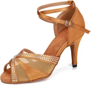 YKXLM Women Rhinestone Ballroom Dance Shoes Latin Performance Dance Shoes Women Suede Sole,L165,3 1/3 inches Heel,Brown,9.5US