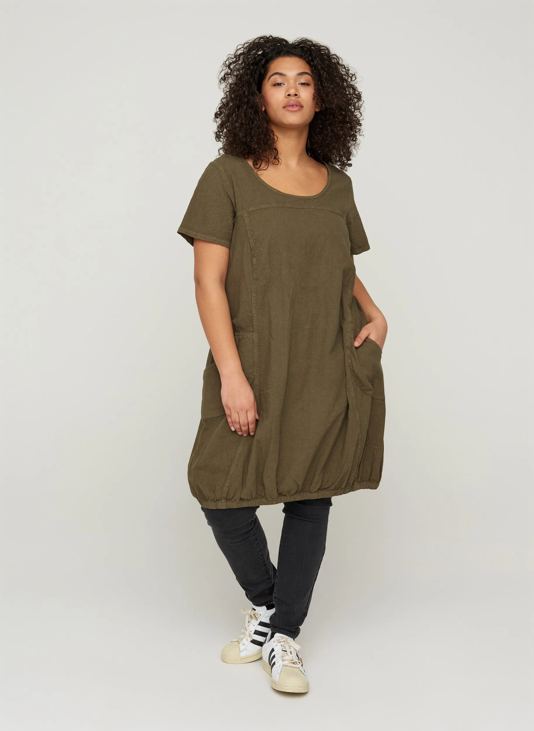 Zizzi Cotton Bubble Dress in Ivy Green